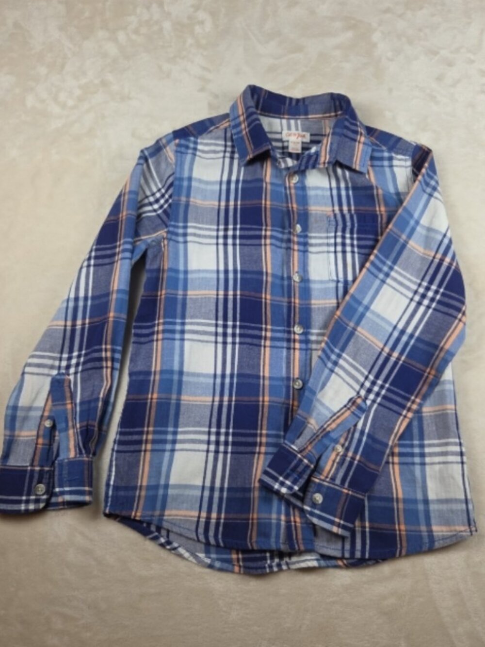 Cat & Jack Youth M (8/10) Blue Orange Plaid Long Sleeve Button‑Down Shirt